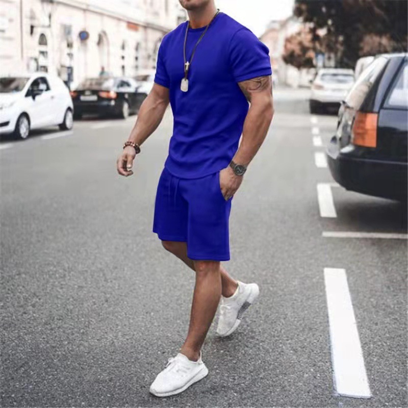 Spring And Summer Men&#39;s T -shirt Set Solid Color Casual Sports Men&#39;s Short -sleeved Shorts Two -piece Set 