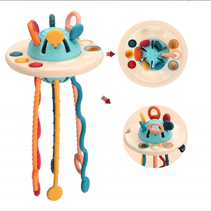 Silicone Pull String Interactive Toy Baby Travel Toys Flying Saucer Puller Silicone Toys For Babies 6-12 Month 