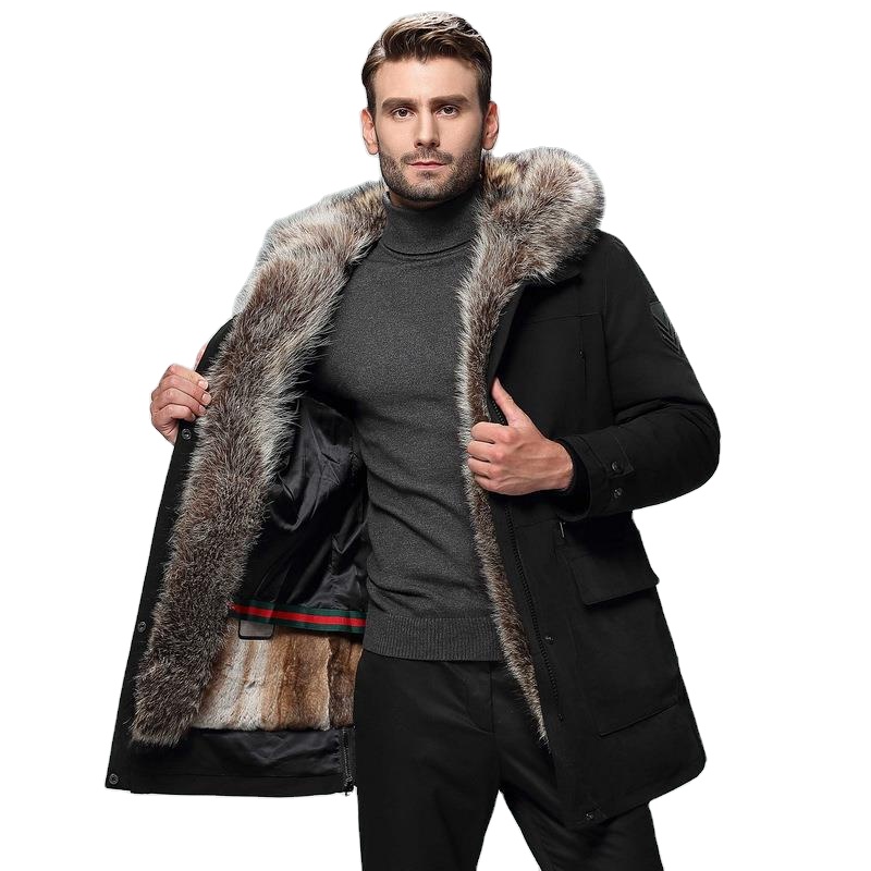 Fur Inner Mid-length Winter Parka Coat Fur Integrated Men&#39;s Genuine Leather Coat 
