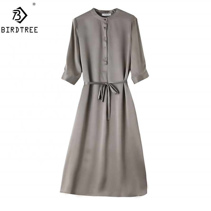 Birdtree 100% Pure Silk Shirt Dress Woman Stand Collar Solid Short Sleeve A-line Knee Length Dresses With Sashes Summer D34610m 