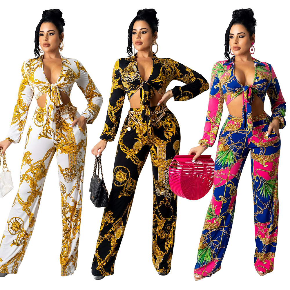 Dd-097 Long Sleeve V-neck Two Piece Set Y2k Fashion Clothing Women Print Pants Sehe Fashion 