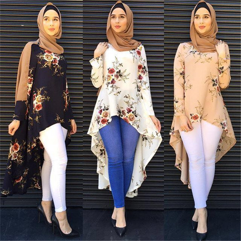 2023 Hot Sale Printed Round Neck Long Sleeves Muslim Fashion Irregular Tuxedo Women Tops Islamic Women&#39;s Clothing 