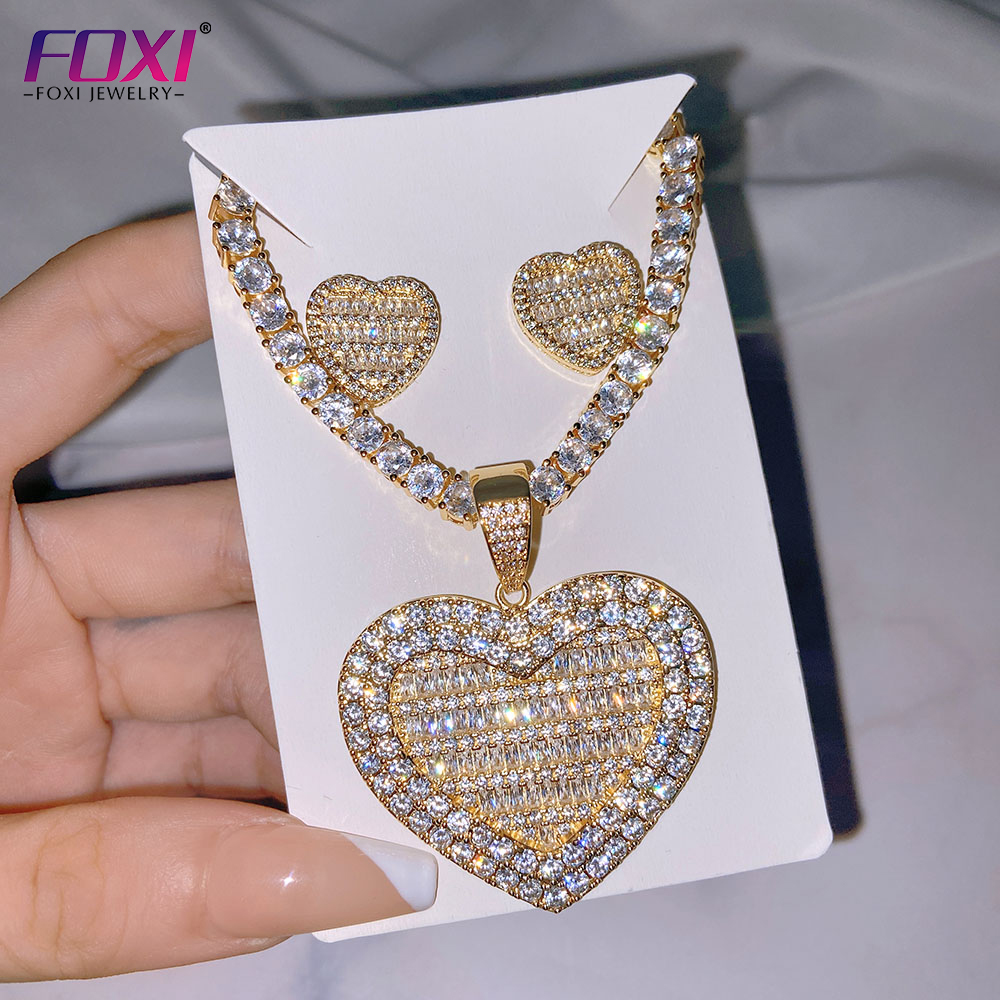 Iced Out Heart Pendant Charm Women Luxury Diamond Earring And Necklace Jewelry Set
