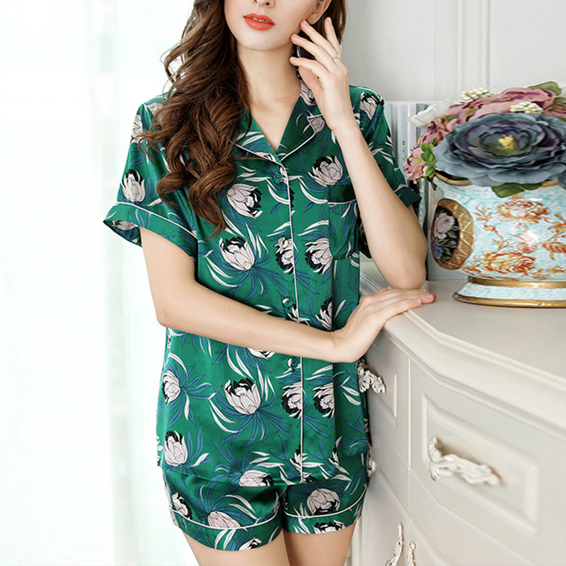 Women&#39;s Pajamas Sets Cute Print Fashion Luxury Female Silk Shirts+pants Two Pieces Suit Night Sleepwear 