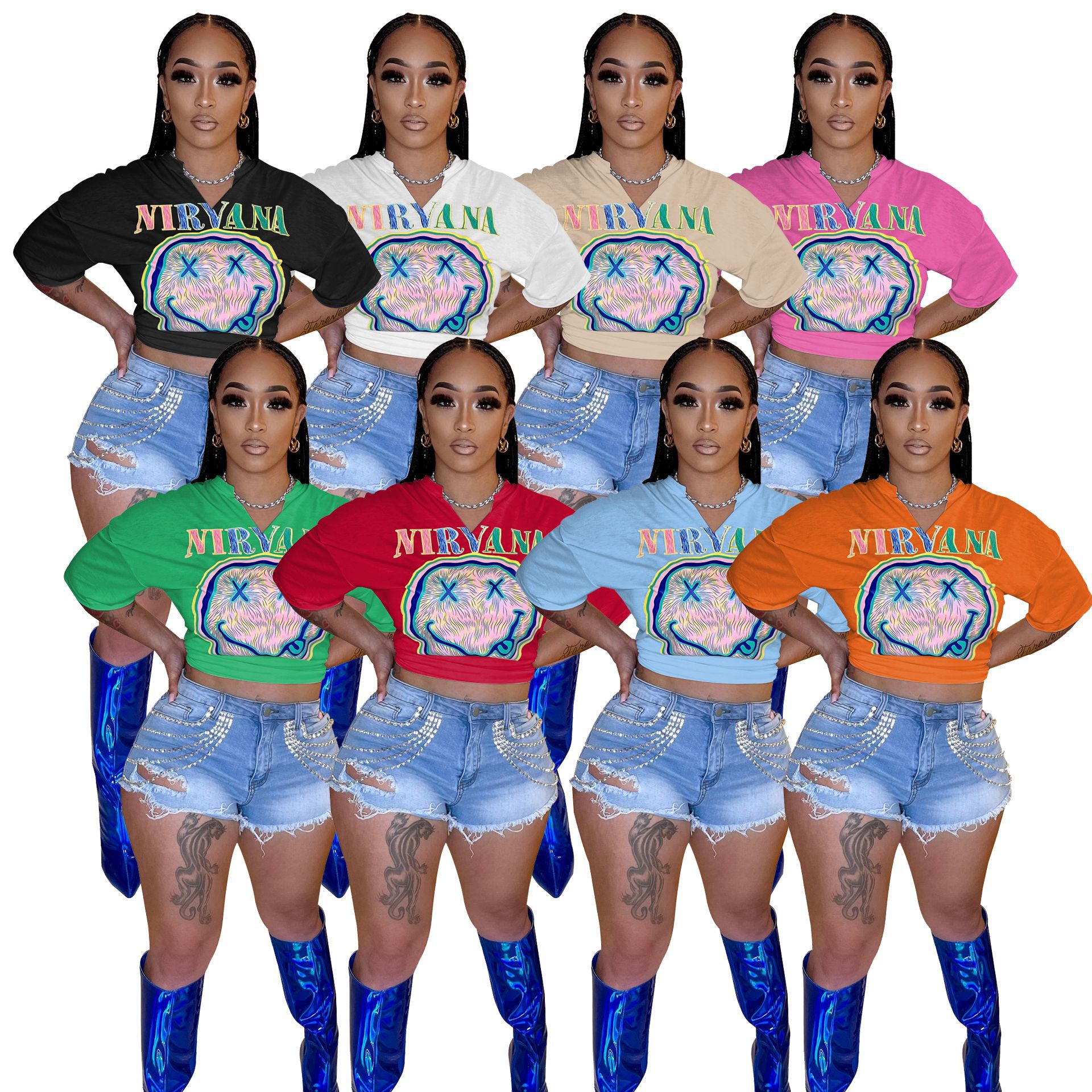 Smile Face Graphic T Shirts Women 2023 V Neck Short Sleeve Women Crop Top Shirt Cotton Womens Shirts For Spring 2023 