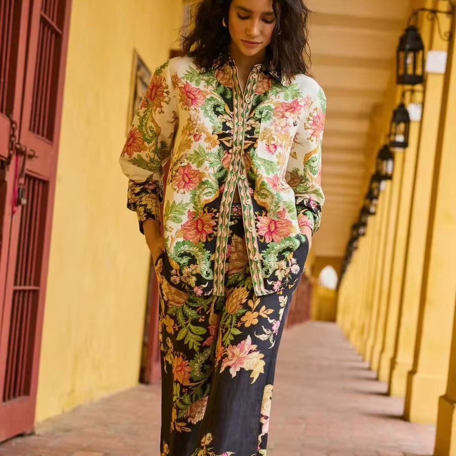 Elegant Linen Floral New Long Sets Casual Printing Two Piece Sets Chic Tops High Waist Loose Pants Sets for Women
