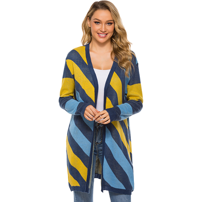 Custom Autumn Winter Fancy Vintage V Neck Long Sleeve Loose Plus Size Knit Long Striped Cardigan Sweater For Women 