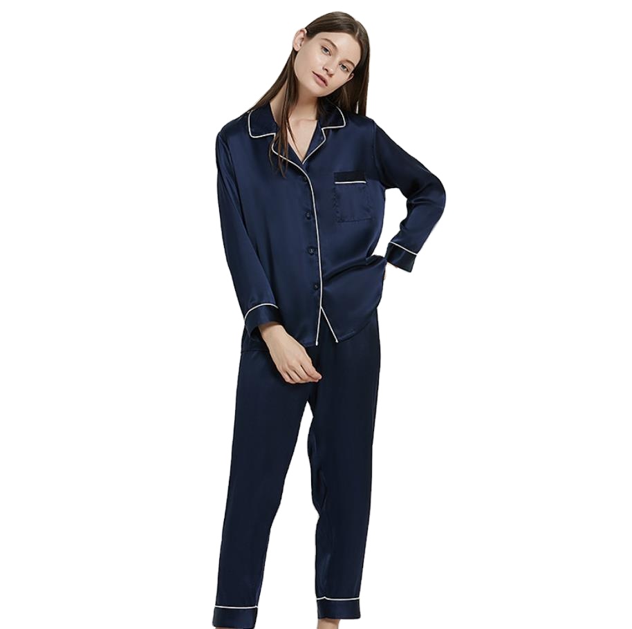 New Women's Pajamas Pure Silk Solid Color Classic Satin Pajama Suit 