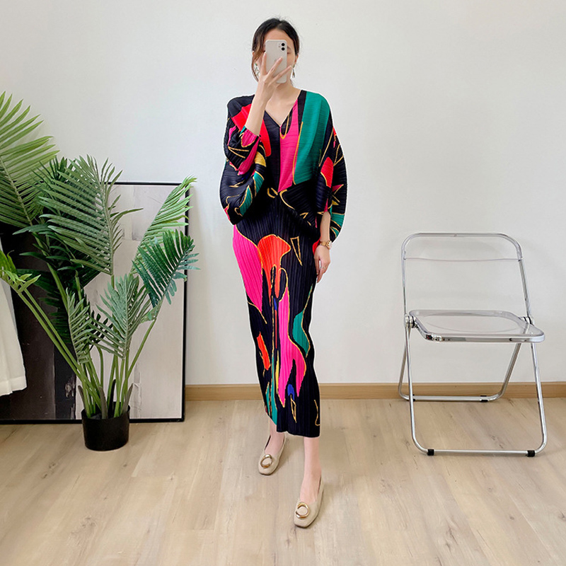 Fxz Miyake Pleated Bat Sleeve Printed Dress Women 2022 Summer New Temperament V-neck Pleats Dresses 