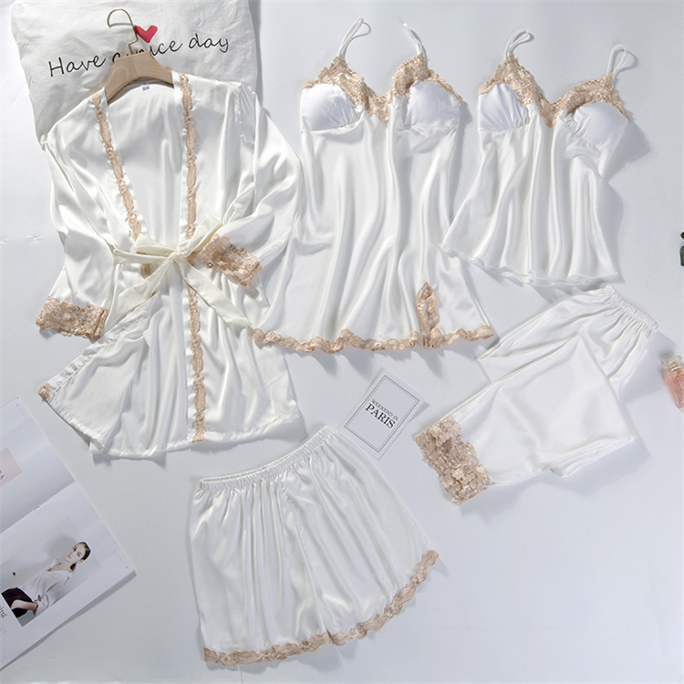 Suppliers Customize 5 Pcs Home Clothes Nightgown Bathrobe Gown Satin Lady Nighty Robe Suit Sexy Lace Patchwork Sleepwear 
