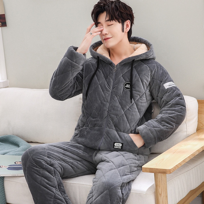 Men&#39;s Pajama Sets Winter Flannel Pajamas Trendyol Hooded Sleepwear Thick 3-layer Cotton Big Size Pajamas For Men Loose Home Wear 