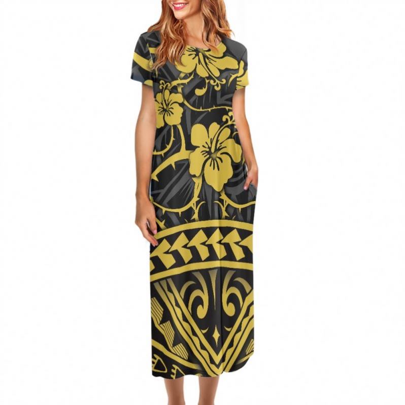 Wholesale Reggae Women Clothing Dress Casual Samoan Puletasi Dress Tapa Flower Print Custom Ladies Long Pencil Dresses 