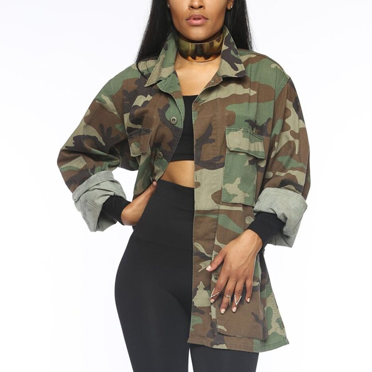 Custom Fashion High Quality Denim Long Sleeves Camouflage Fatigue Jacket Women 