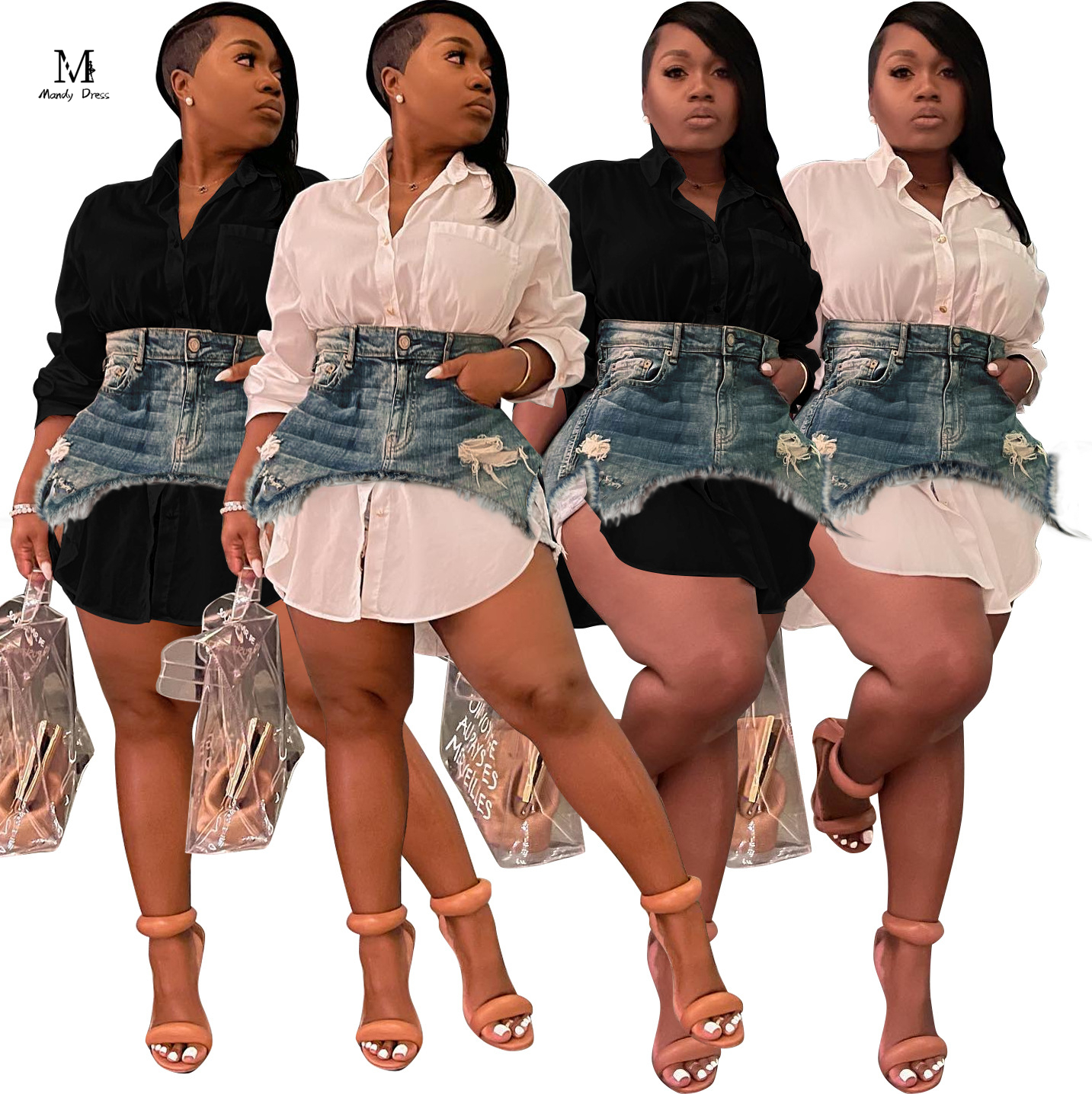 2023 Women Shirt Dresses With Demin Skirt 2 Piece Set Plus Size Clothing Spring Ladies Casual Short Dress 