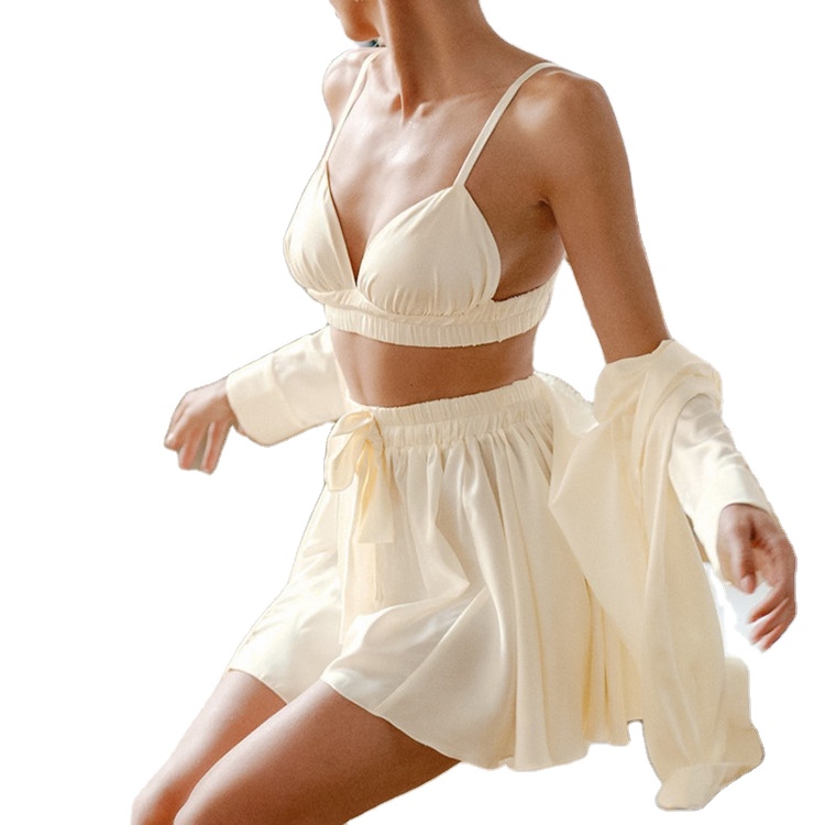 Lh Women Pajama Sets Nightgowns Women&#39;s Pajamas Sexy Shorts Pijama Champagne Bathrobes Set 3 Pieces Sets Ruched Women Sleepwear 