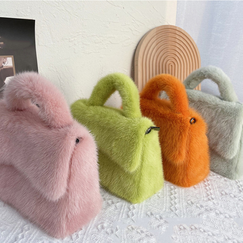 High Level Women Tote Bags Handbag Fashion Brand Plush Natural Real Mink Fur Hand Bag Evening Bags 