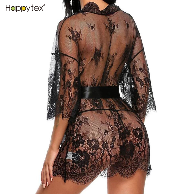 Women&#39;s Lace Kimono Robe Underwear Mesh Nightgown Transparent Wedding Dress Lace Soft Homewear Sleepwear Cheap Price 