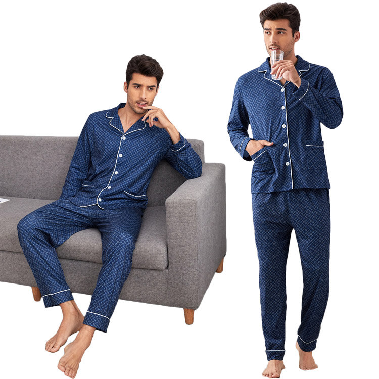 Long Sleeve Breathable Men Sleepwear Argyle Print Contrast Piping Pj Set Men&#39;s Viscose From Bamboo Pajamas 