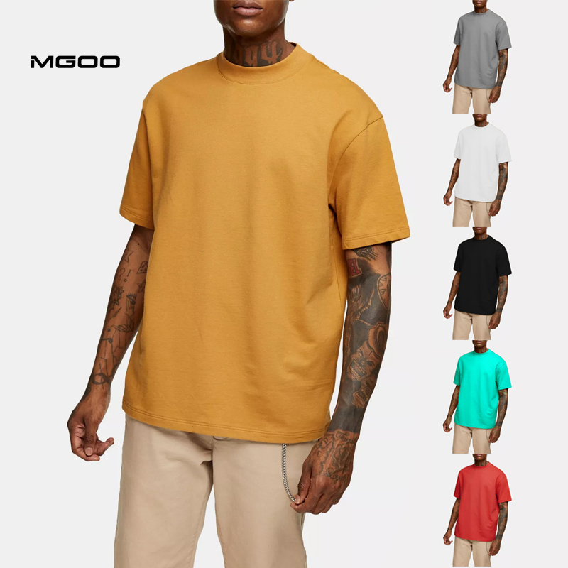 Mgoo Yellow High Neck Solid T-shirts Men Oversized Short Sleeve Tee Streetwear Blank Cotton T Shirts 