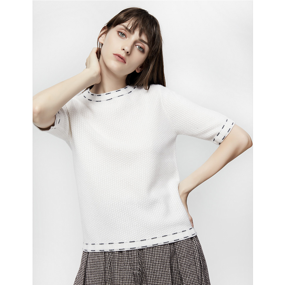 Latest Design Women Round Neck Half Sleeve Cashmere Knitted Pullover Sweater 