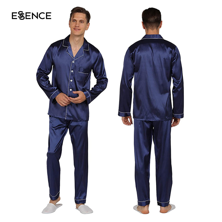 Button Down Mens Sleepwear Satin Pyjama Set Long Sleeve Mens Silk Pajamas 