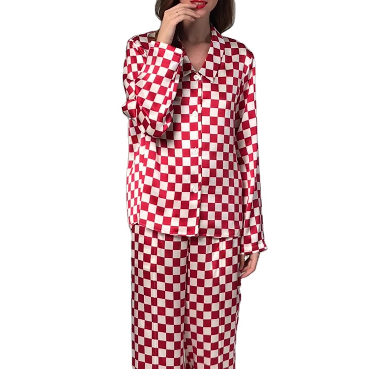 Jindou Retro Pyjamas Women Sleepwear Plus Size Long Sleeve Grid Pajamas Casual Sleepwear Set 