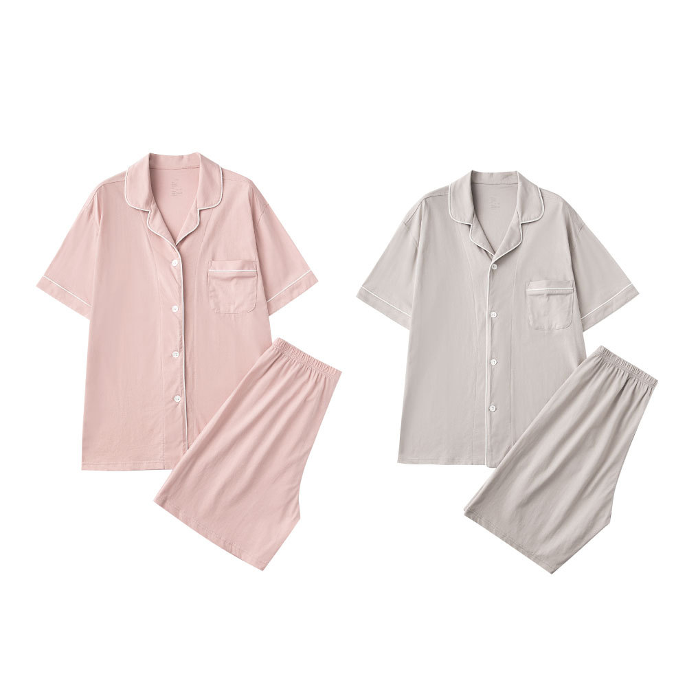 Custom Women And Men Lapel Short Sleeves Shirt Spring Cotton Sleepwear Solid Color Breathable Couple&#39;s Pajama Sets 