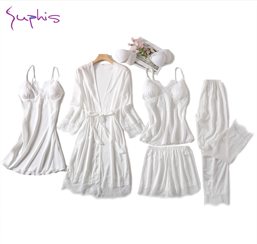 Suphis Bride Wedding Robe Nightgown Sexy Lace Chemise Sleepwear Kimono Bathrobe Gown Lingerie White Silk Pajamas Set Women 5pcs 