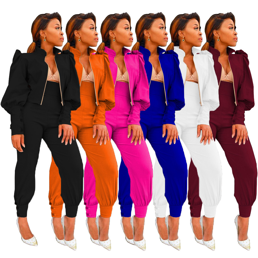 Fashion Nova Women&#39;s Winter Clothing 2022 Pant Set Women Bubble Sleeve High Waist Pants Two Piece Suits With Zipper Jacket 