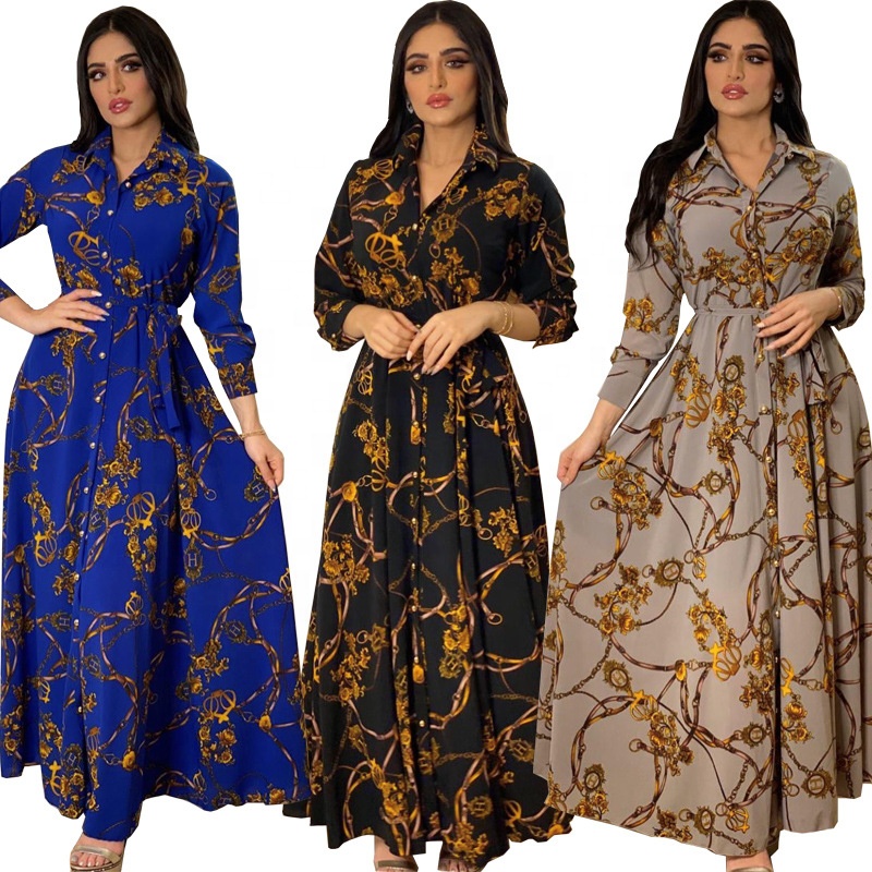 F365# Eid Wholesale Women Dubai Tutkish Kaftan Maxi Dress Flower Printed Abaya Muslim Arab Dress 
