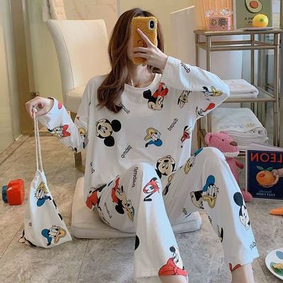 2021 Wholesale Stylish Soft Leisure Long Sleeve Cartoon Print Lounge Wear Women&#39;s Sleepwear 