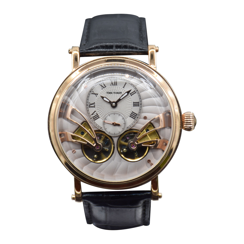 Time Token Men&#39;s Genuine Leather Mechanical Automatic Luminous Scratch Proof Watches Men Dual Tourbillon Wrist Watches 