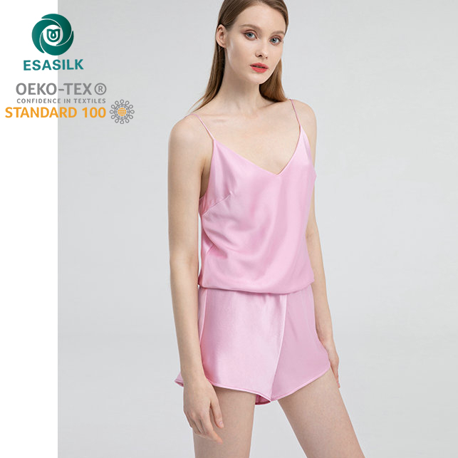 Sexy Women's Sleepwear Pink Satin Pure Silk Camisole Tops And Shorts Silk Pajamas Sets 