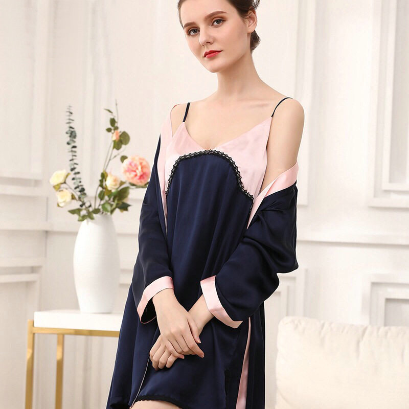Wholesale Silk Robe And Silk One Piece Dress Sleepwear Summer Pajamas Set 