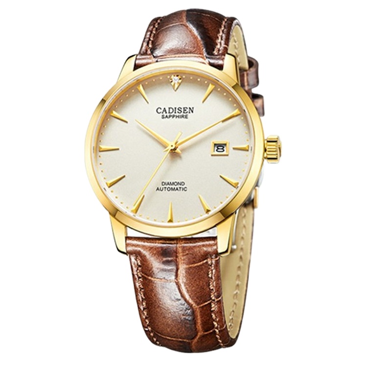 Cadisen C8097 Men Leather Watches Automatic Mechanical Wristwatch Real Diamond Watch Curved Sapphire Glass Clock 