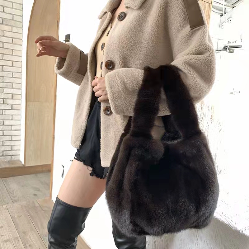 Women Casual Furry Handbag High Quality Ladies Real Mink Fur Bag 