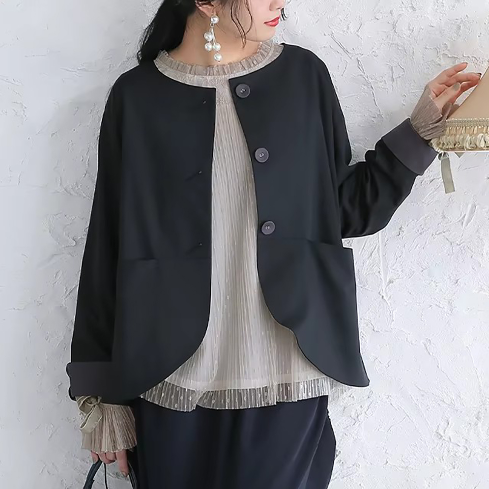 Tucked Design Dark Navy Collarless Polyester Winter Formal Suit Women's Jacket for Woman