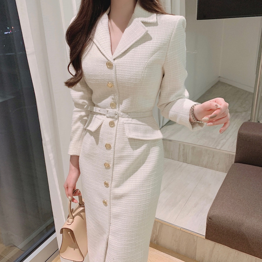 Zyht Dr0113 French Designer Women&#39;s Clothing White Tweed Single-breasted Blazer Office Lady Elegant Midi Dress For Women 