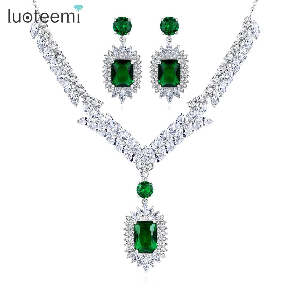 Luoteemi Hot Sale Luxury Women Emerald Jewelry Set Cubic Zirconia Necklace Earrings Jewelry Sets 
