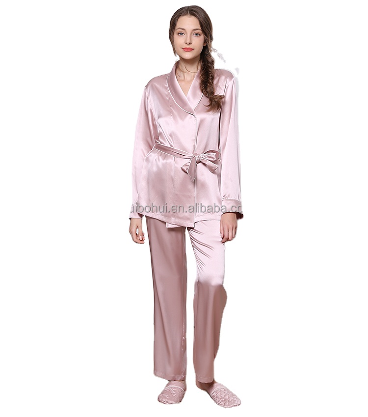 Silk Sleepwear Pajamas Set 100% Shawl Collar Women&#39;s Long Sleeve Pajama Set Nighty Loungwear 