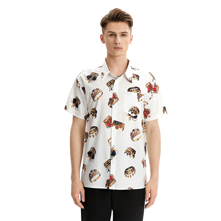Summer Casual Short Sleeve Crown Print Men&#39;s Shirt Hawaii Plus Size Men&#39;s White Shirt Custom Logo 