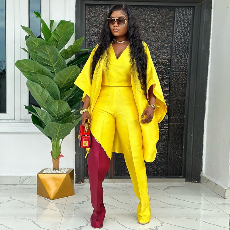 Women's Clothing New Arrival  2024 Women's Mid Length Coat V Neck Blouse Matching Color Trousers  Set