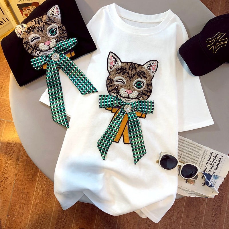 Women Casual Tee Beading T-shirt Summer Lazy Cat Diamond-studded Beaded Cat Bow Mid-length Short-sleeved T-shirt 