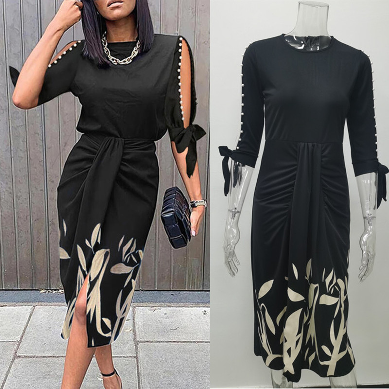 Fashion Hollow Out Party Club Office Lady Floral Print Plus Size Dress Women&#39;s Clothing Casual Dresses 