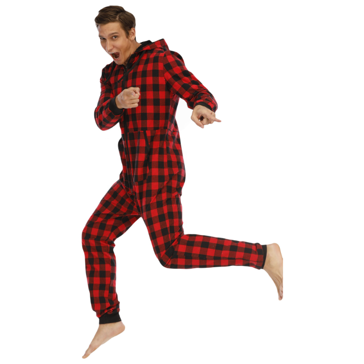 Casual Trends Classical Plaid Sleepwear Men&#39;s Flannel Plaid Hooded Onesie Home Wear Leisure Wear Pure Cotton Men Pajama 
