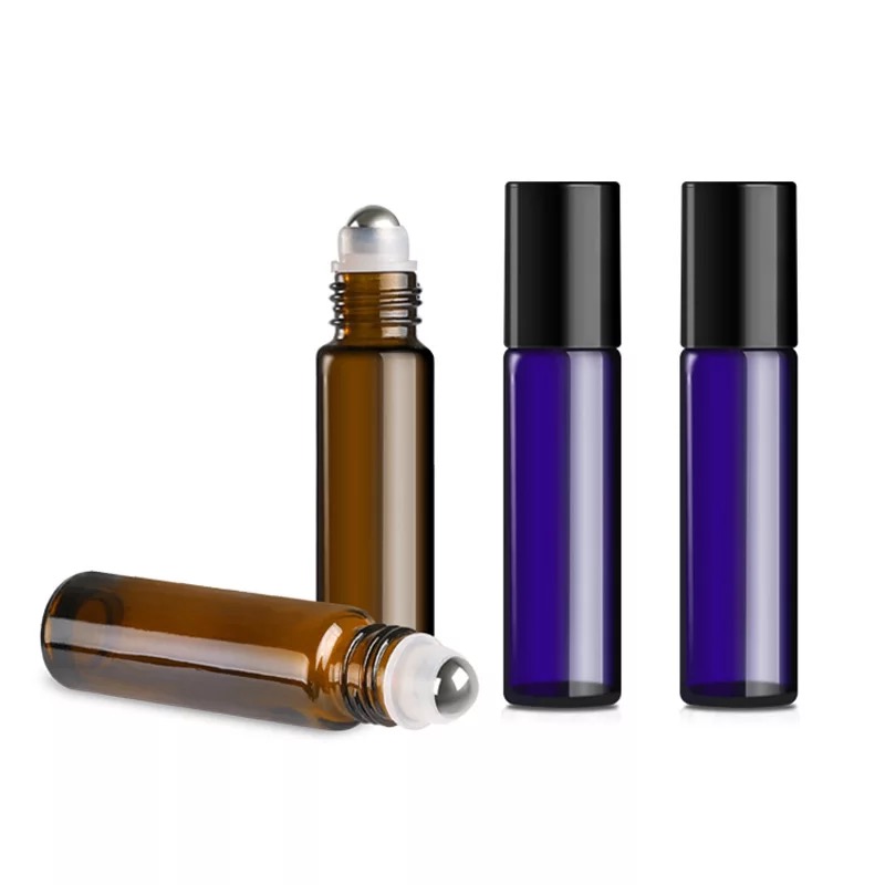 Wholesale Empty Essential Oil Perfume 3ml 5ml 8ml 10ml Frosted Clear Amber Blue Glass Roll On Bottle With Metal Roller Ball 