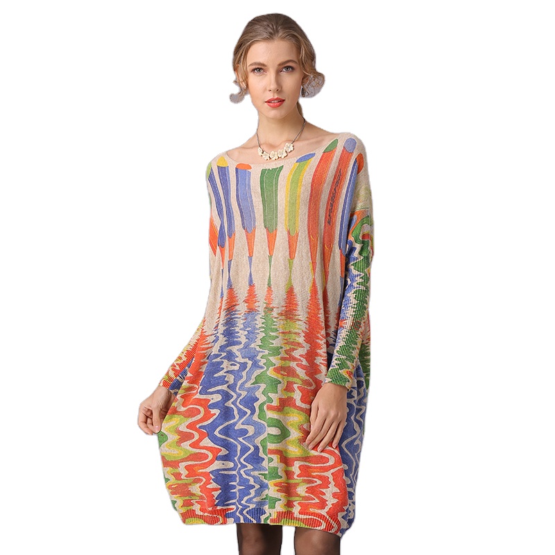 High Quality Wholesale Women&#39;s Autumn Oversize Batwing Sleeve Hand-painted Screen Print Pullover Sweater 