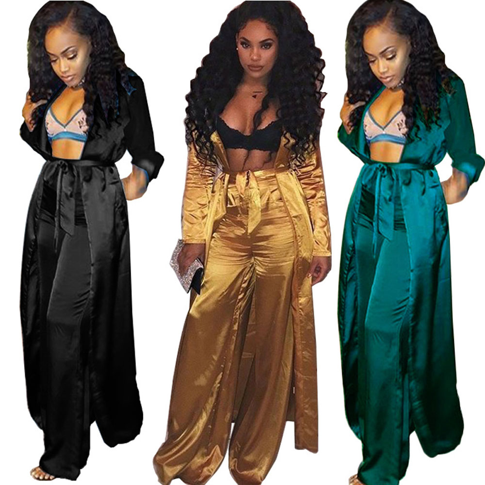 Custom Long Sleeve Night Gown Pyjama Pants Two Piece Set Sexy Sleepwear Satin Silk Pajamas For Women 