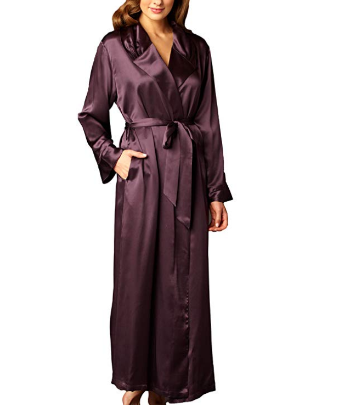 Women's Silk Robe,Wide Shawl Collar,Gentle Pleats 