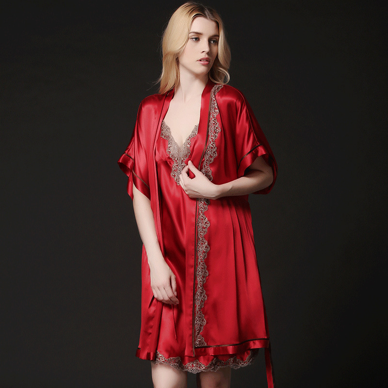 Ktfl2007 Sexy Women V-neck High-quality 100% Mulberry Silk Sleepwear 